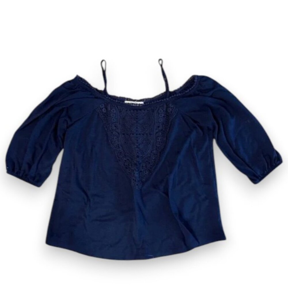 3/$8 Rewind Navy Crochet-Front Off-Shoulder Blouse with Spaghetti Straps